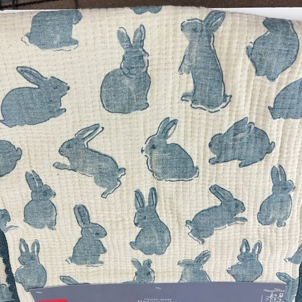 Rachel Ashwell Farmhouse Table Runner With Blue Bunny Print & Lace Trim 16
